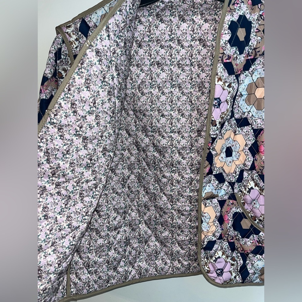 Cropped Puffer Quilted Jacket Vintage Floral Print Open Front Lightweight - Picture 8 of 9